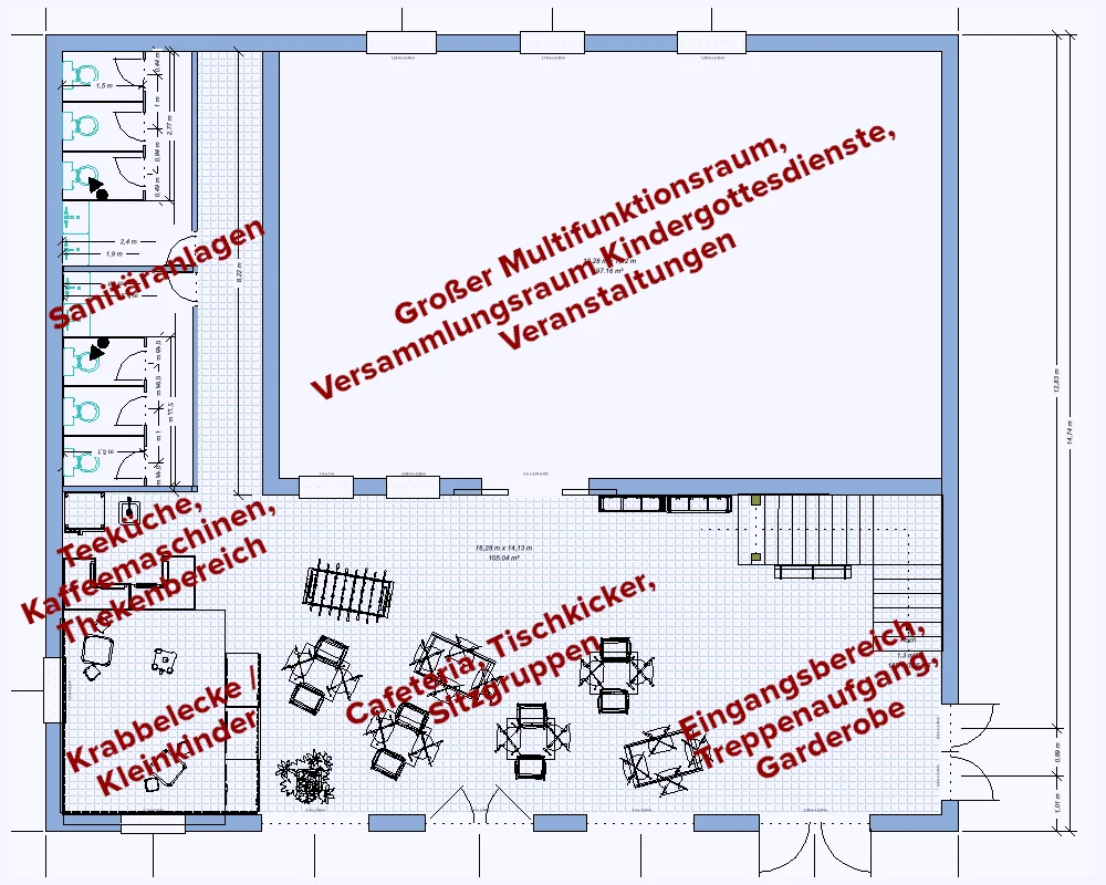 Grundriss Erdgeschoss: Multifunktionsraum, Cafeteria, Krabbelecke, Eingangsbereich