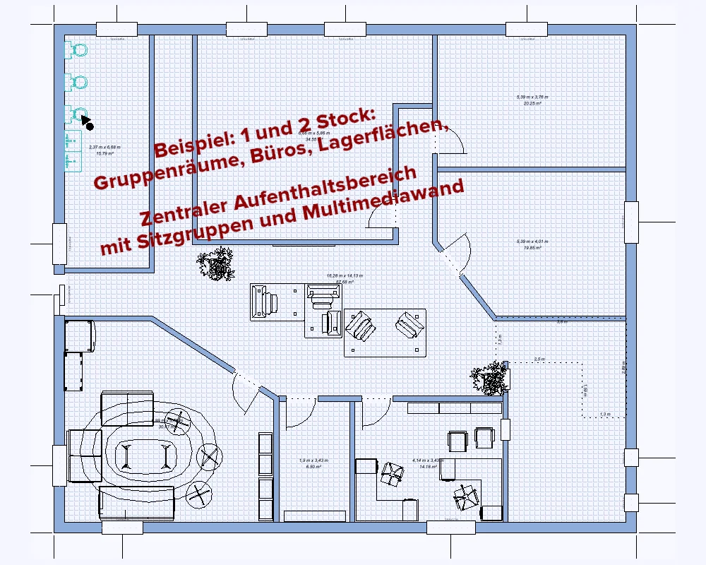 Grundriss Obergeschoss: Gruppenräume, Büros, zentraler Aufenthaltsbereich